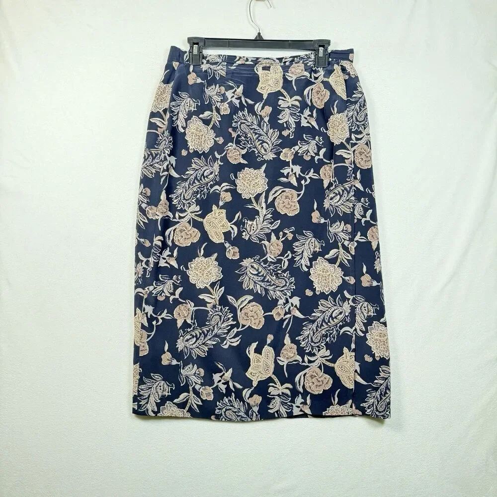 Talbots Petites 100% Silk Floral Faux Wrap Midi Skirt Womens 14P Black Taupe